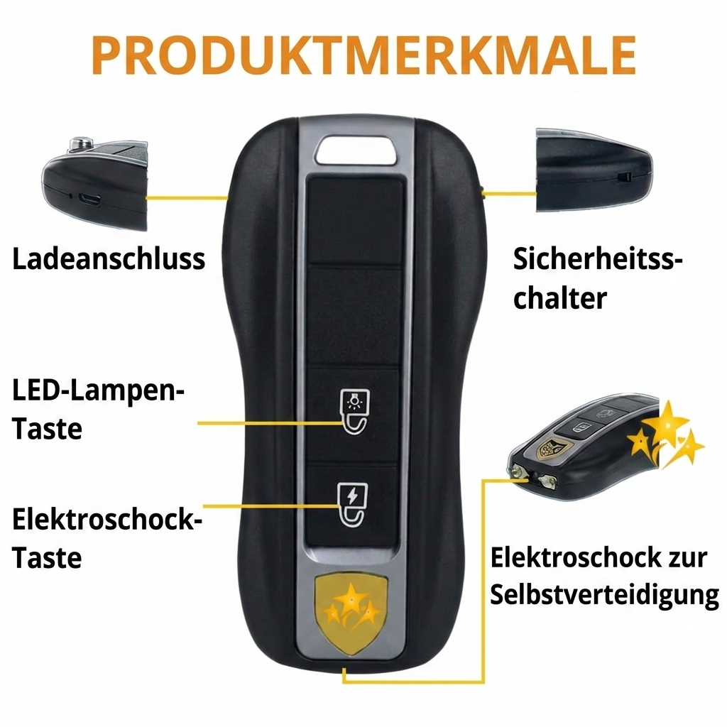 Elektrischer Notfallschlüssel (Lampe, Elektroschocker, Alarm)